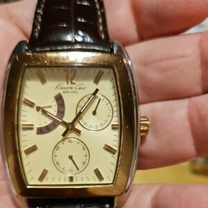 Kenneth Cole Men's Gold Tone Cream Dial Brown Leather Strap Watch